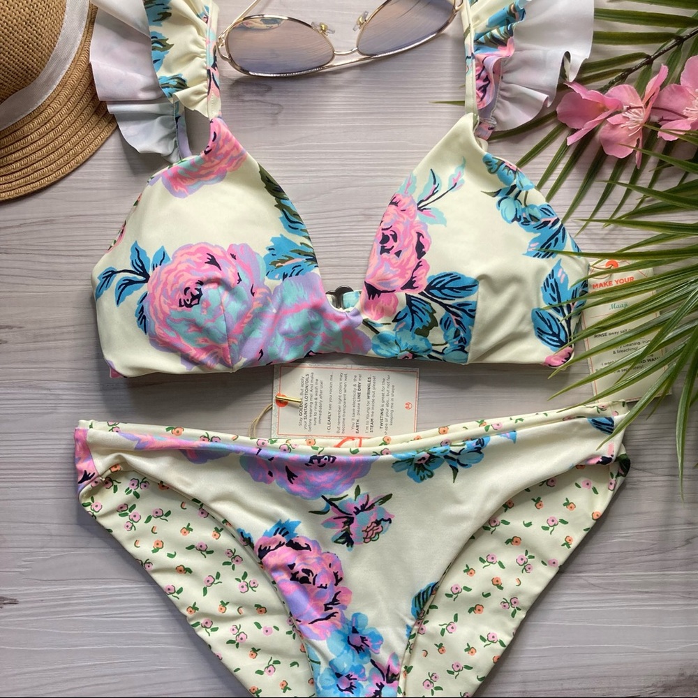 Maaji 🌼 Floral Reversible Yellow Bikini Set M 👙🌺😍🌸👒🏝🍉🔥